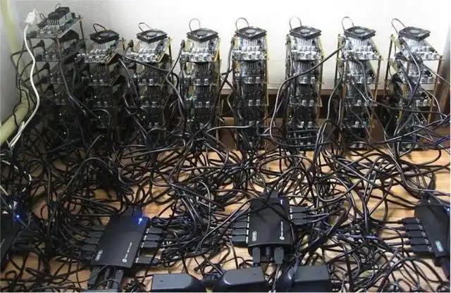 A large-scale mining farm filled with rows of mining rigs.
