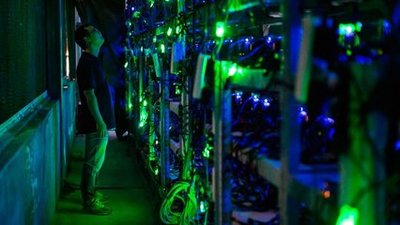 A bustling mining farm hosting numerous rigs, illustrating the collaborative efficiency of shared crypto operations